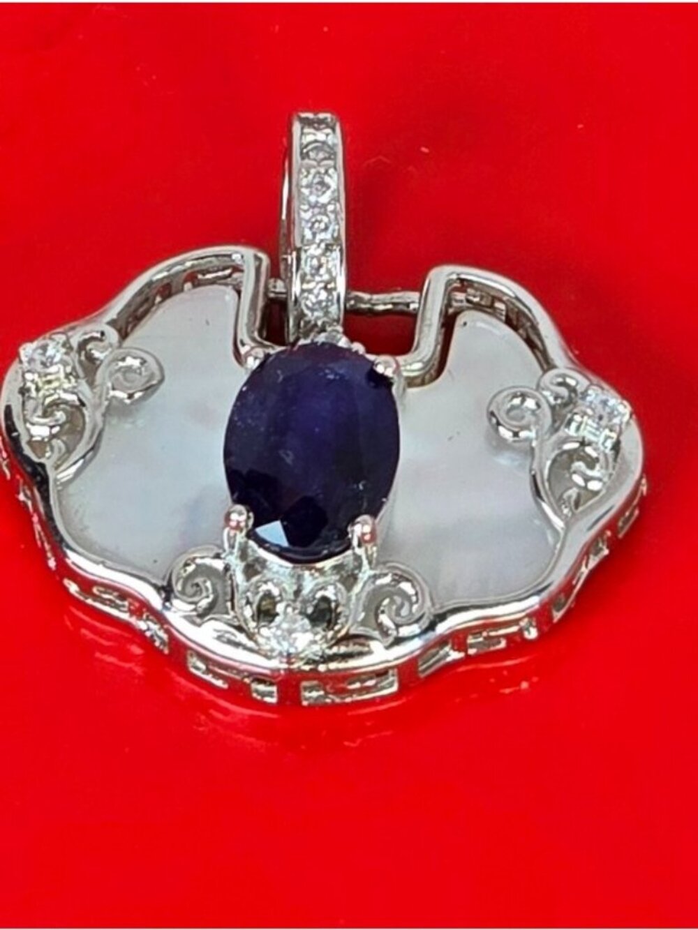925 Sterling Silver Pendant 1.7x1.3cm with Natural Sapphire & MOP
